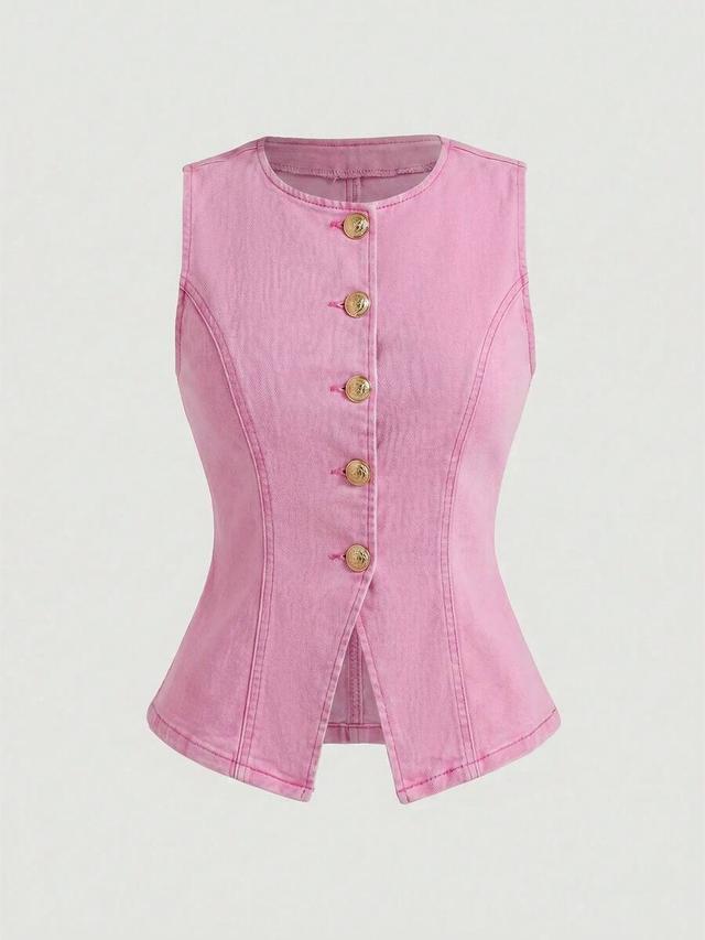 pink slim fit button-up denim top