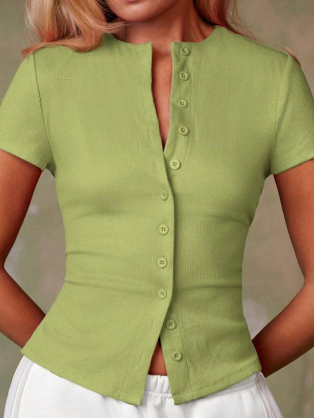 lime green ribbed short-sleeved button-up fitted top