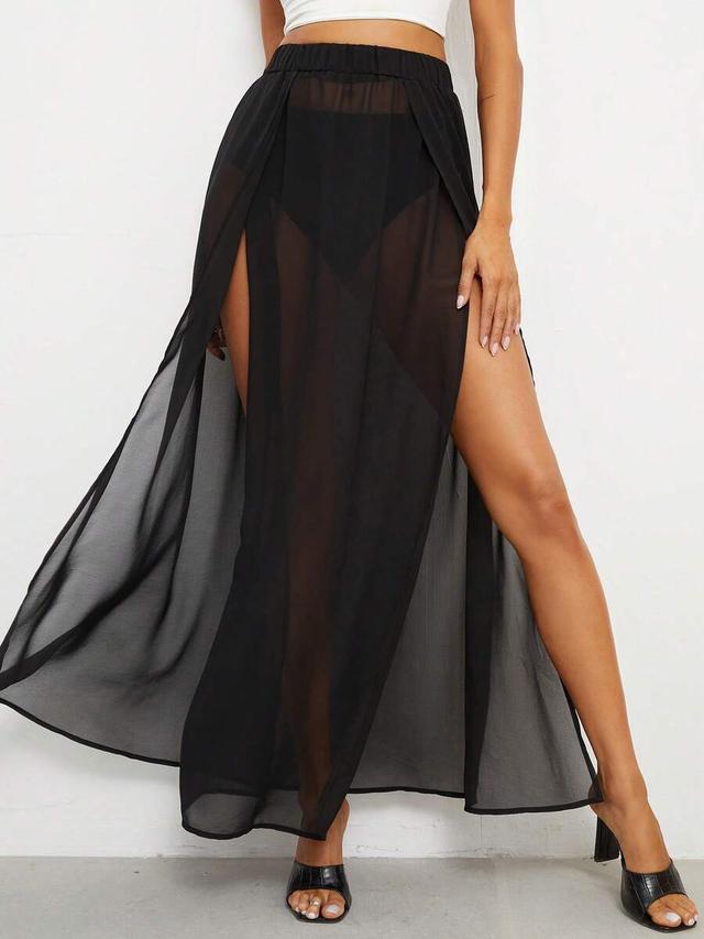 black sheer mesh high split maxi beach skirt