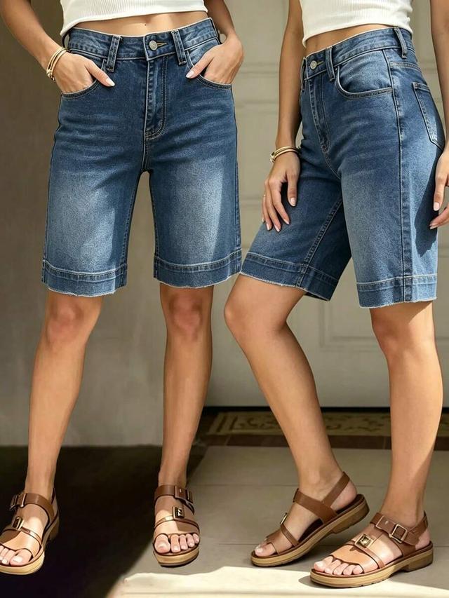 light blue high-waisted medium wash denim bermuda shorts