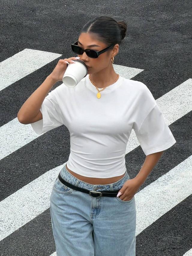 white batwing sleeve cropped cotton t-shirt