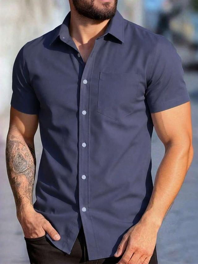 solid navy blue minimalist short sleeve button-up shirt