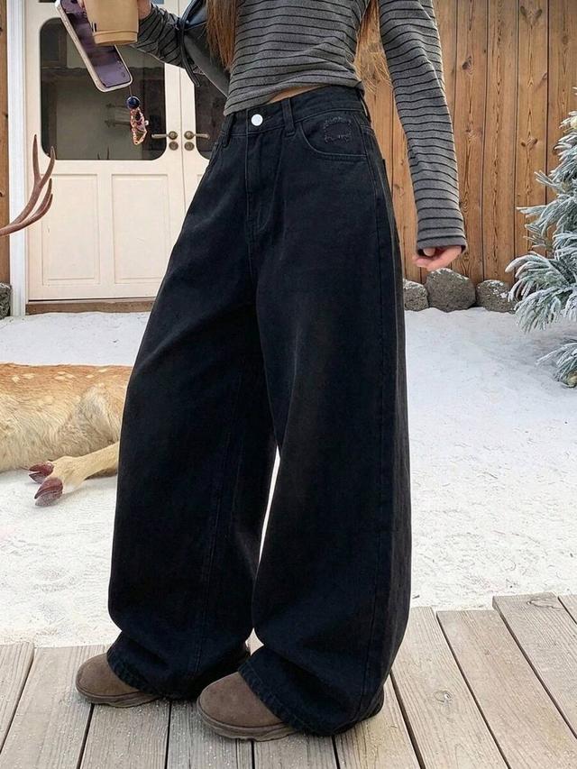 dazy women's solid black wide leg denim jeans
