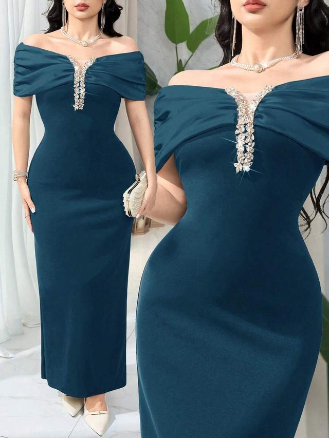 teal off shoulder fitted dress with rhinestone decor