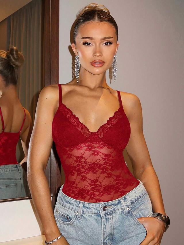 red lace adjustable strap bodysuit