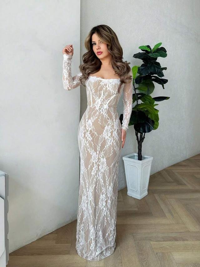 white lace long sleeve floor length bodycon dress