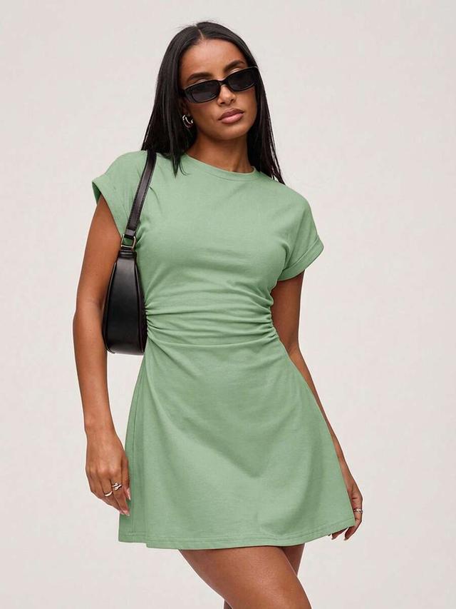sage green cotton jersey ruched mini dress