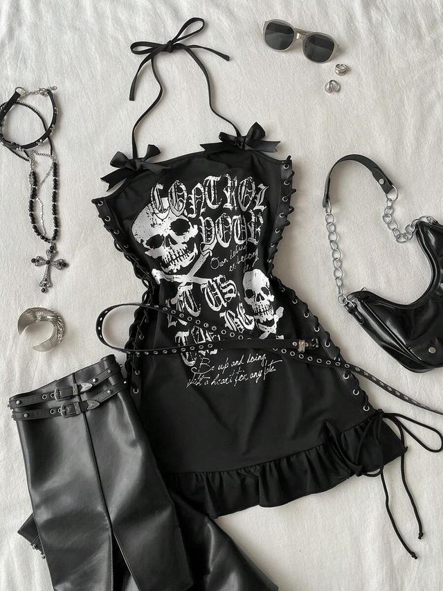 gothic butterfly print halter mini dress with side lace-up