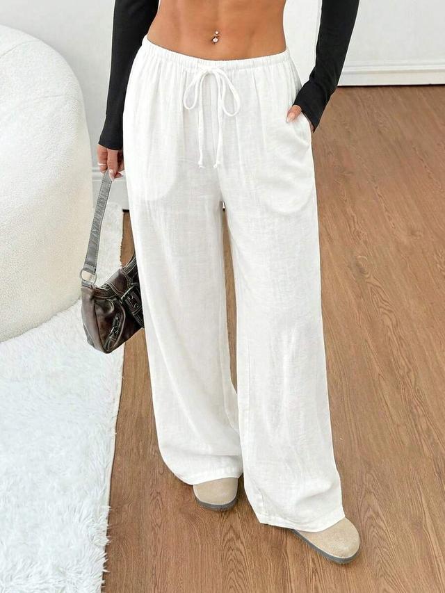 women's white linen straight-leg casual drawstring pants