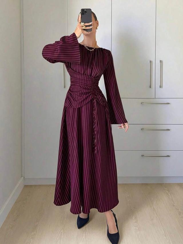 burgundy striped pleated long sleeve elegant dress