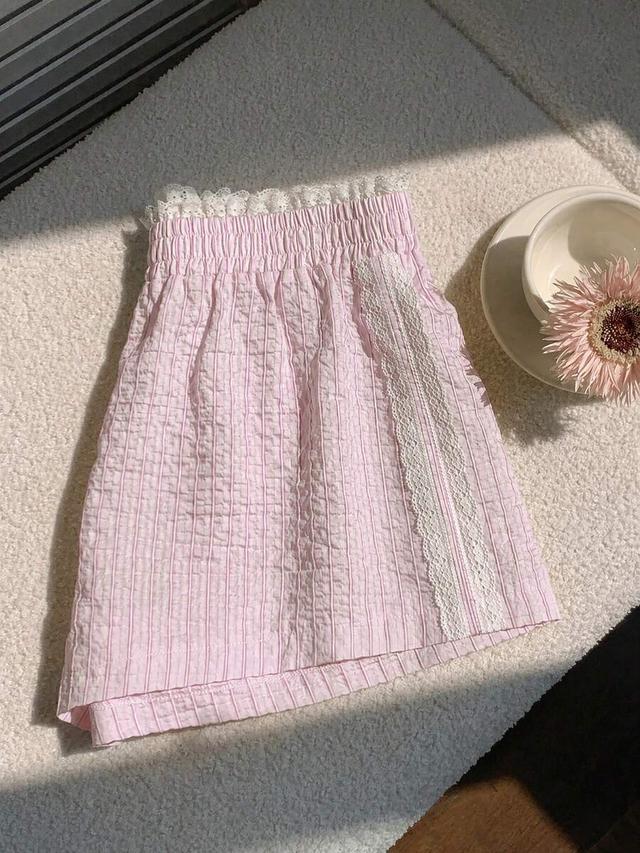 pink striped seersucker shorts with lace trim