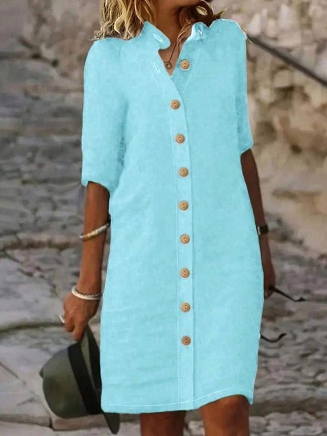 light blue linen button-down shift dress
