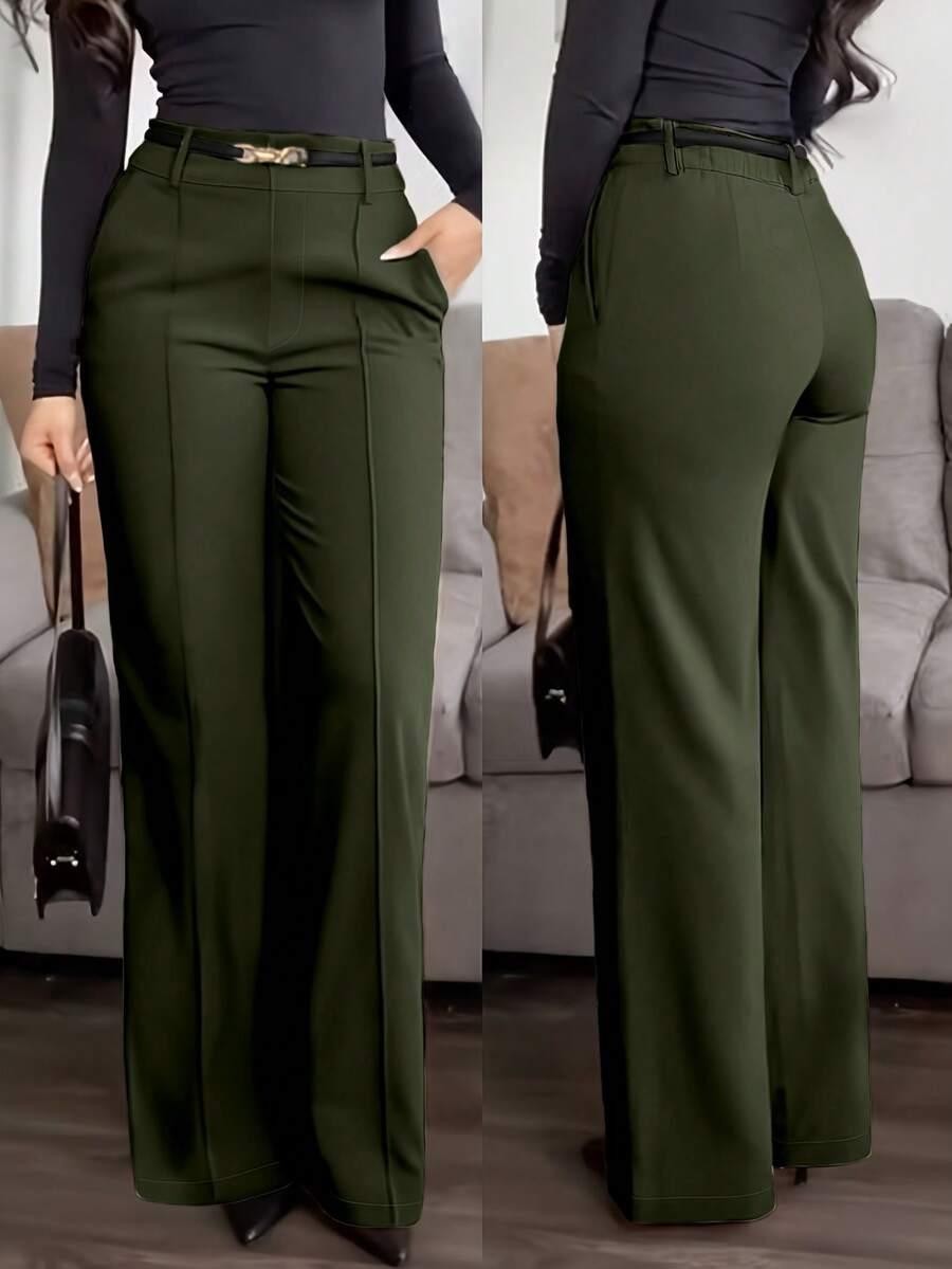 olive green high-waisted tailored wide-leg trousers