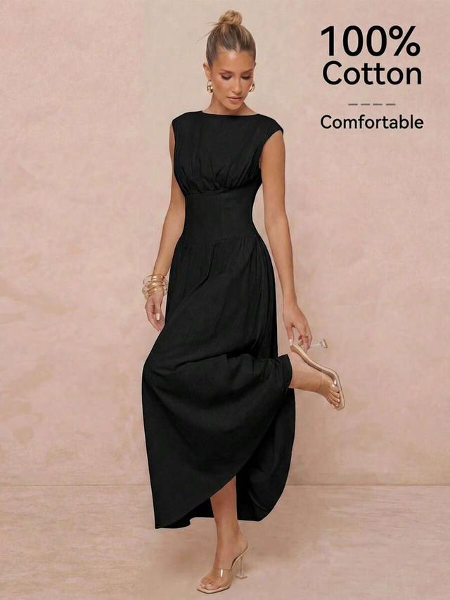 pure cotton flutter sleeve pleated waist-cinched flared long dress