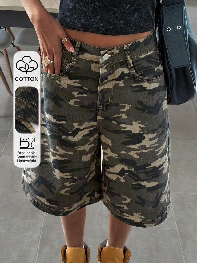 camo print cotton denim bermuda shorts