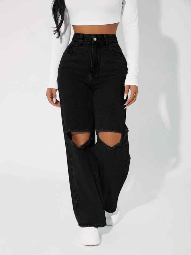 high waisted black distressed wide leg denim jeans