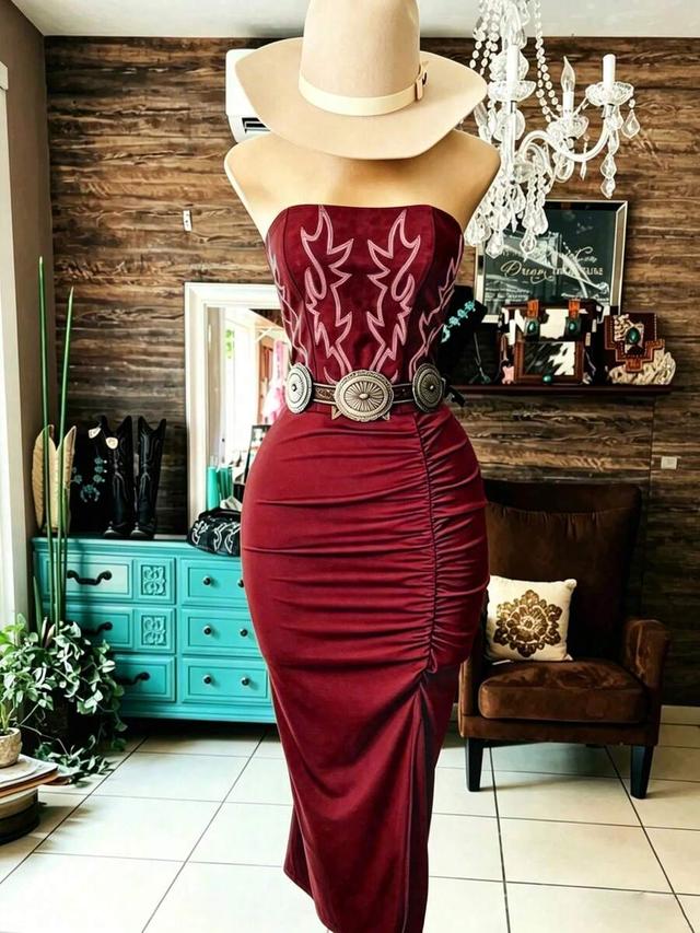 burgundy strapless ruched midi dress with western embroidery