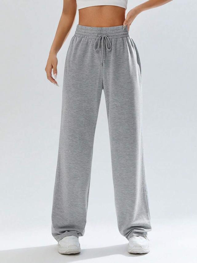 grey solid drawstring waist wide leg sweatpants