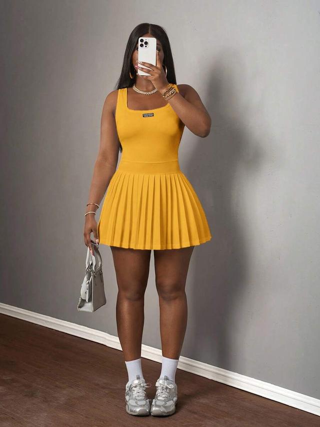 mustard yellow u-neck knitted mini dress