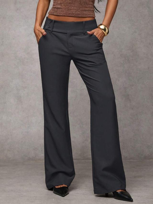 solid black waist button flare trousers