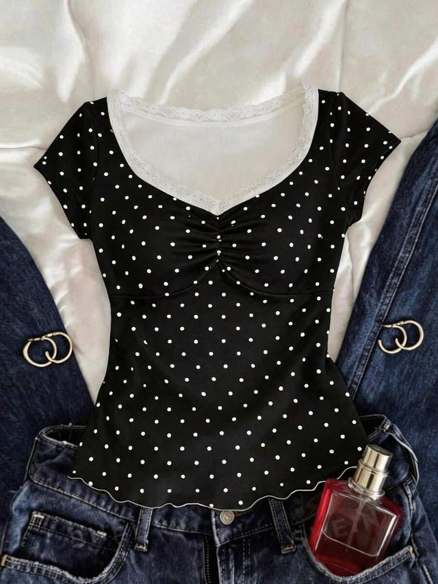 black and white polka dot lace v-neck top