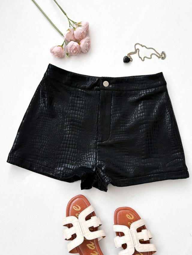 minimalist solid color crocodile pattern pu leather shorts