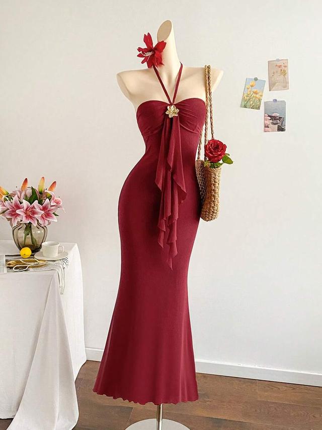 burgundy knit halter fishtail dress with metal buckle