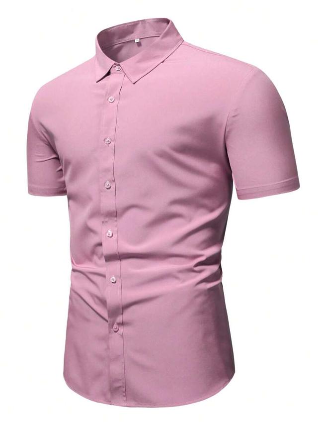 pink solid short sleeve button up formal shirt