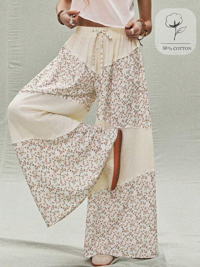 cream floral patchwork wide-leg resort pants