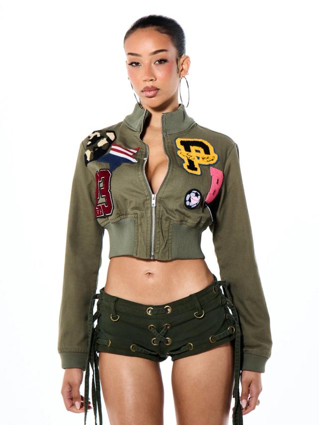 olive green cropped varsity bomber jacket with patches