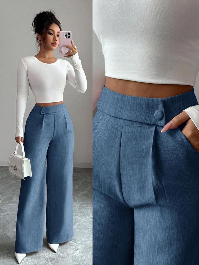 dusty blue straight leg trousers with waist overlay