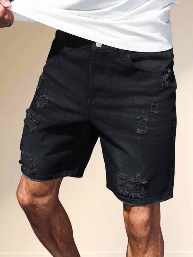 men's black distressed denim casual shorts