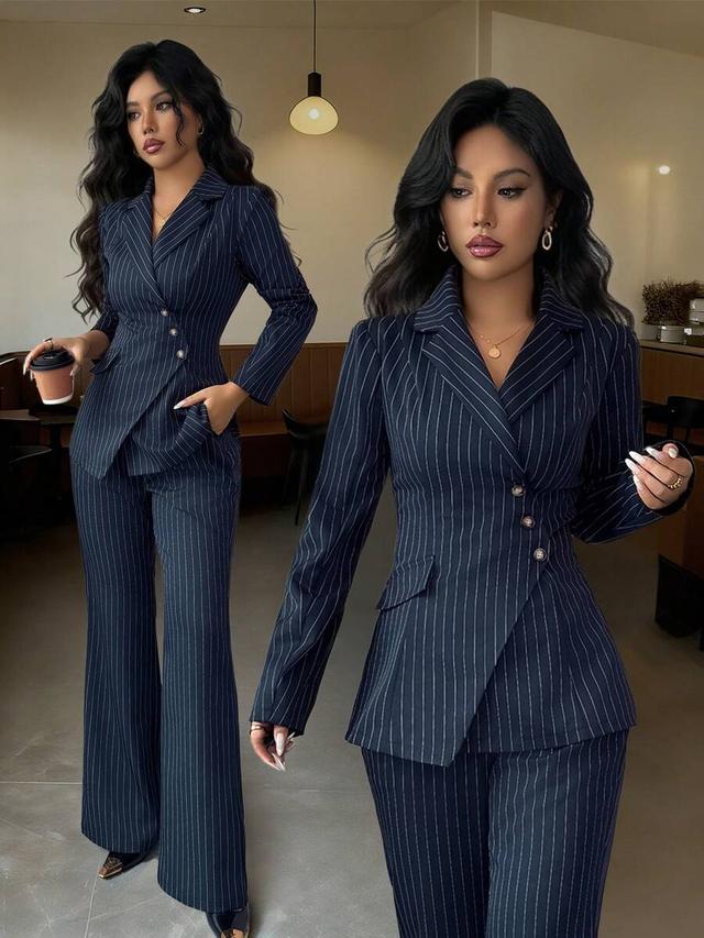 navy blue pinstripe asymmetric waist cinched suit set