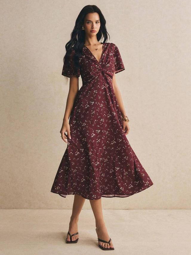 poéselle women's v-neck floral print pleated casual party long dress