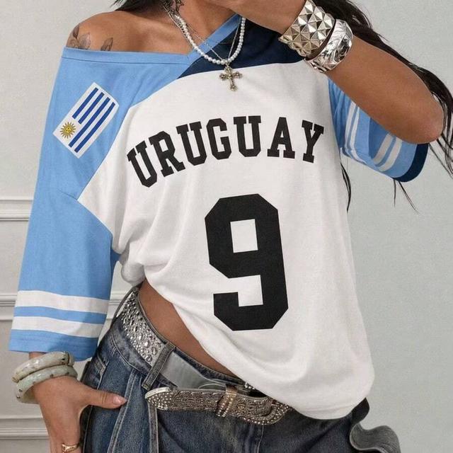 white blue womens uruguay no.9 off shoulder patchwork streetwear top