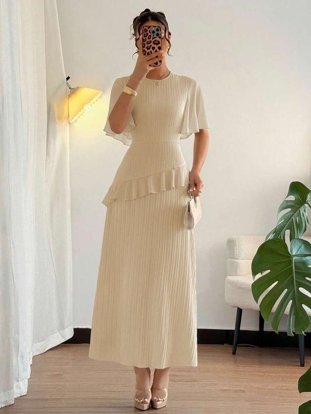 textured woven round neck ruffle sleeve cinched waist dress