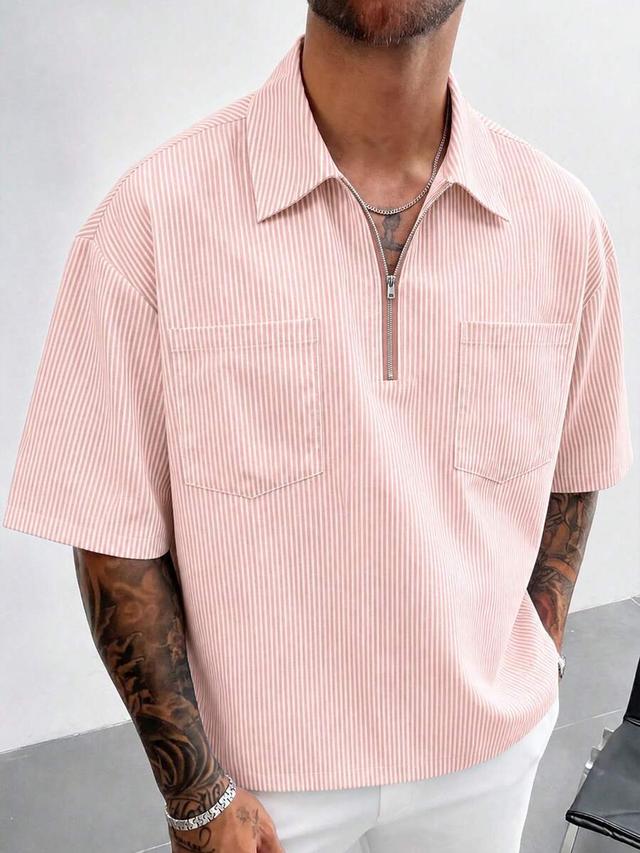 pink striped short sleeve zip-up casual shirt