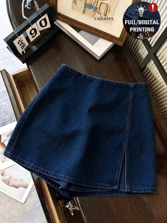 high waist denim effect slit skort