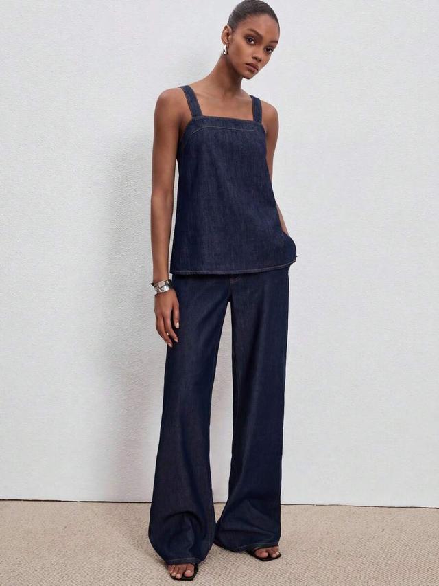 dark wash denim camisole and wide leg pants set