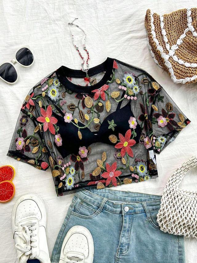 black floral embroidered sheer mesh crop top