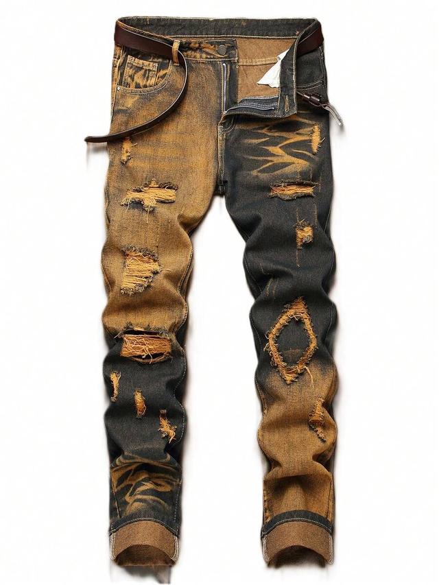 men's two-tone distressed slim straight leg denim jeans