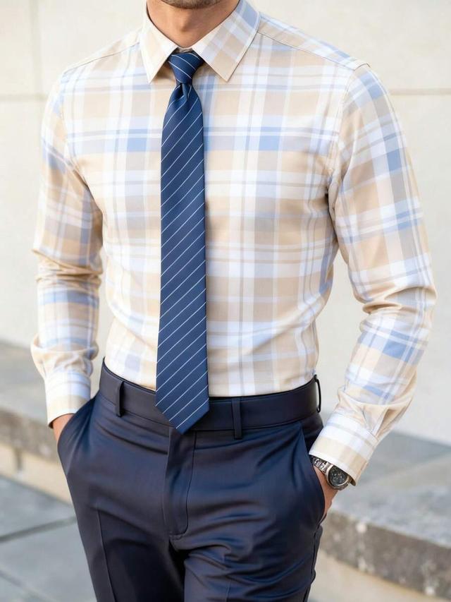 men's business commute plaid dress shirt