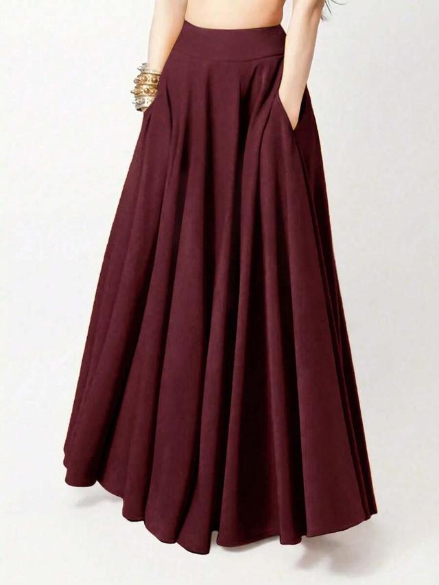 women's casual solid color maroon pleated maxi skirt