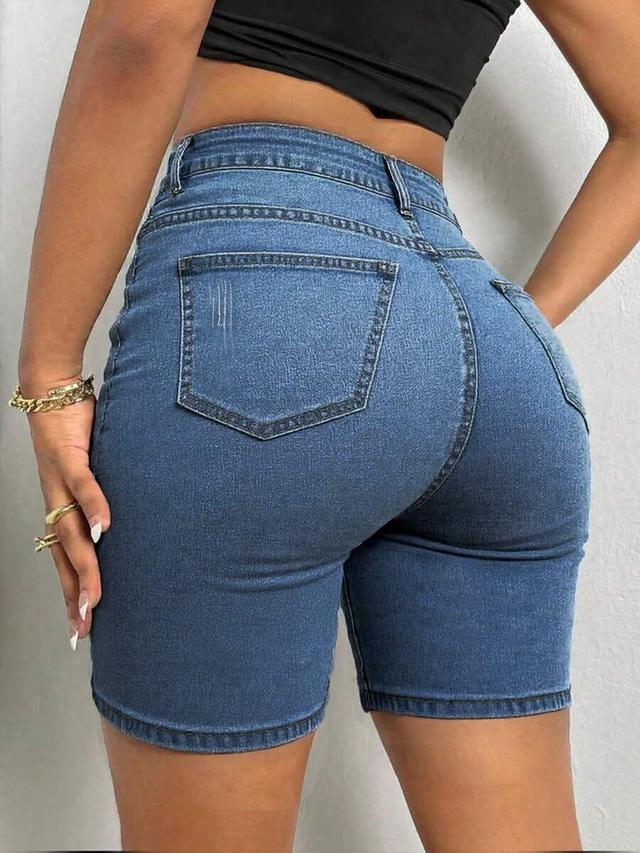high waisted blue denim biker shorts
