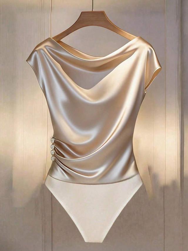 champagne satin cowl neck bodysuit with side buttons