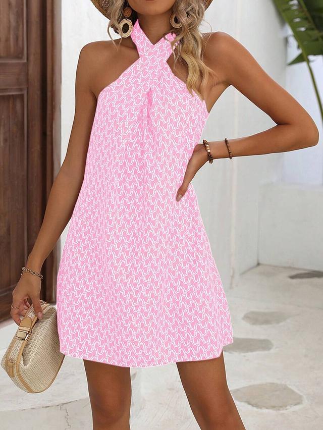 pink patterned halter neck shift dress
