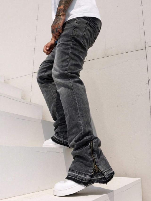 grey distressed denim jeans with ankle zips