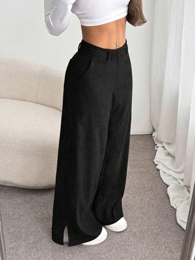 black casual corduroy straight leg split hem pants