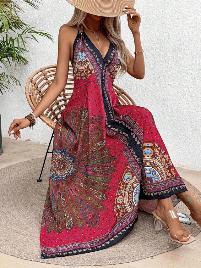 floral print halter neck backless maxi dress