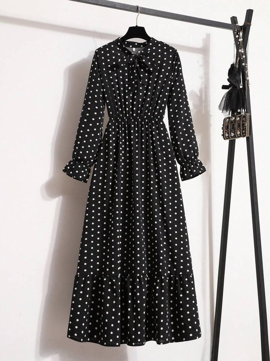 vintage polka dot long sleeve bowknot ribbon collar dress